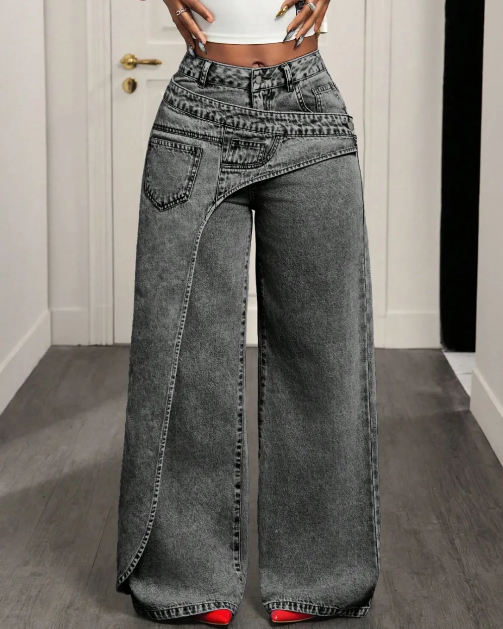 Asymmetric-Pocket Wide-Leg Jeans