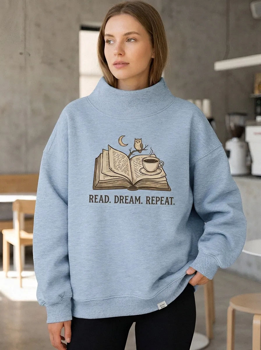 Women's Book Lover Read Dream Repeat Owl Coffee Printed Sweatshirt