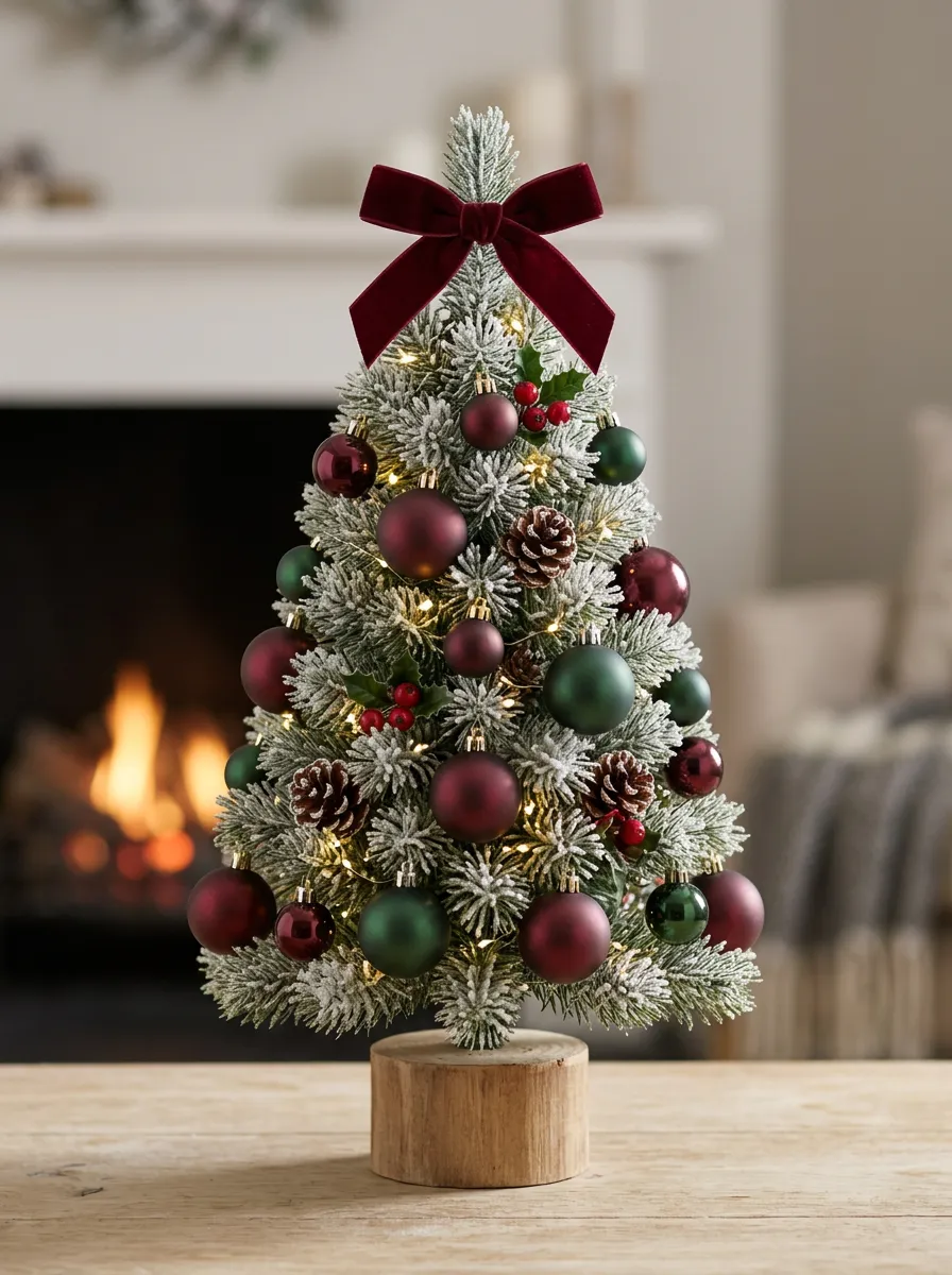 Christmas Burgundy Bow Pinecone Printed Tabletop Tree
