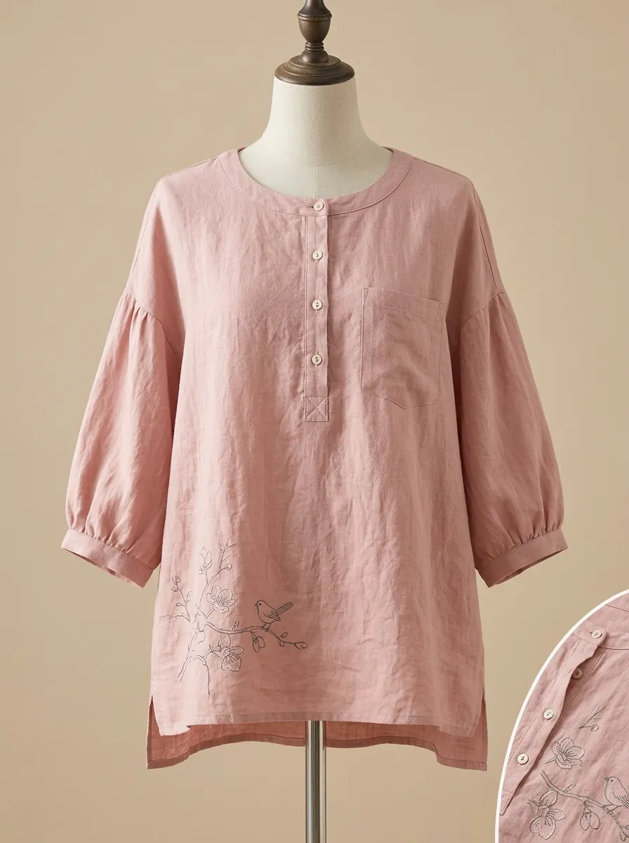 Women's Floral Bird Nature Lover Printed Cotton And Linen Blend Top