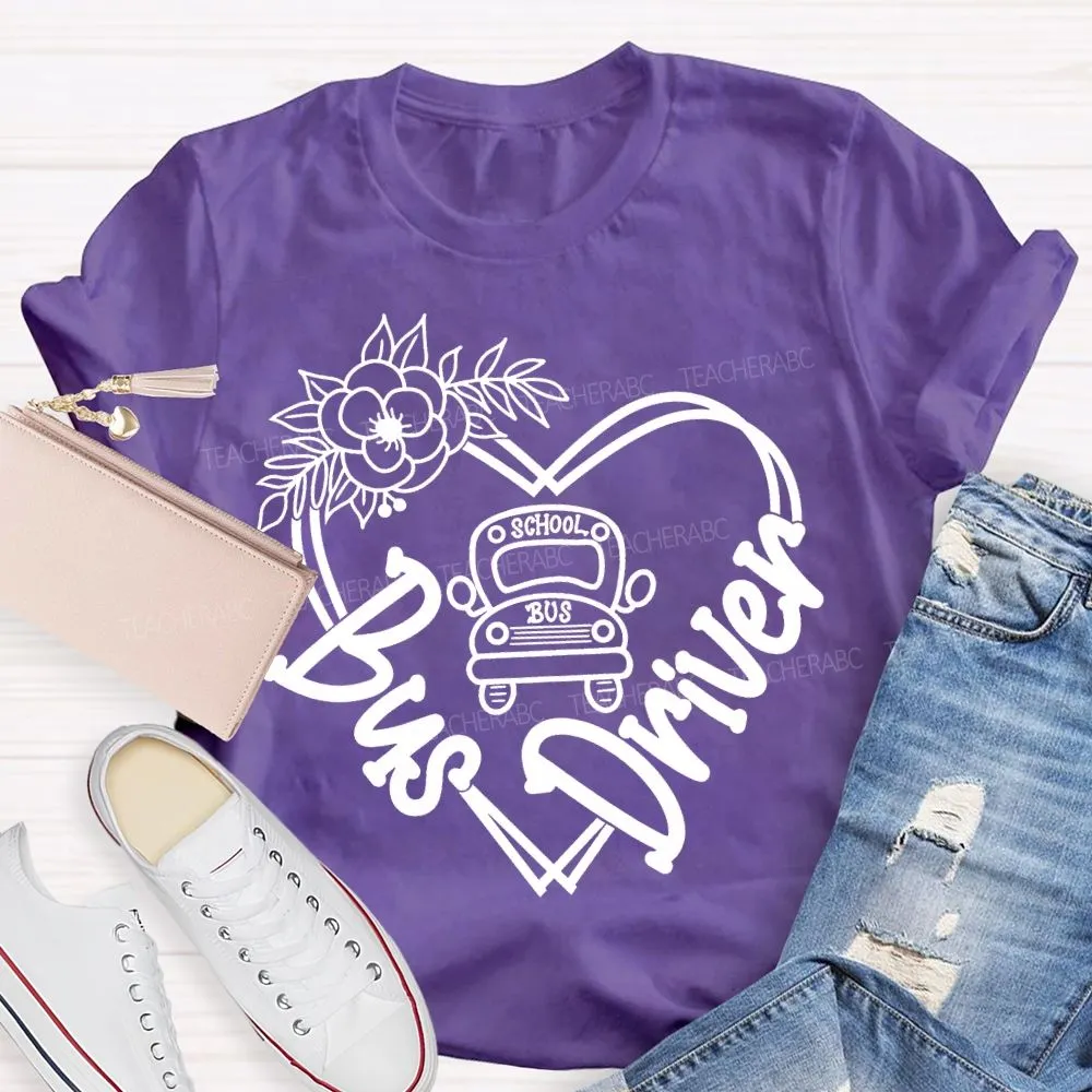 School Bus Driver Flower Heart And School Bus T-Shirt
