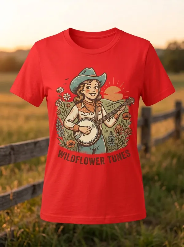 Western Banjo Wildflower Country Music Graphic T-Shirt