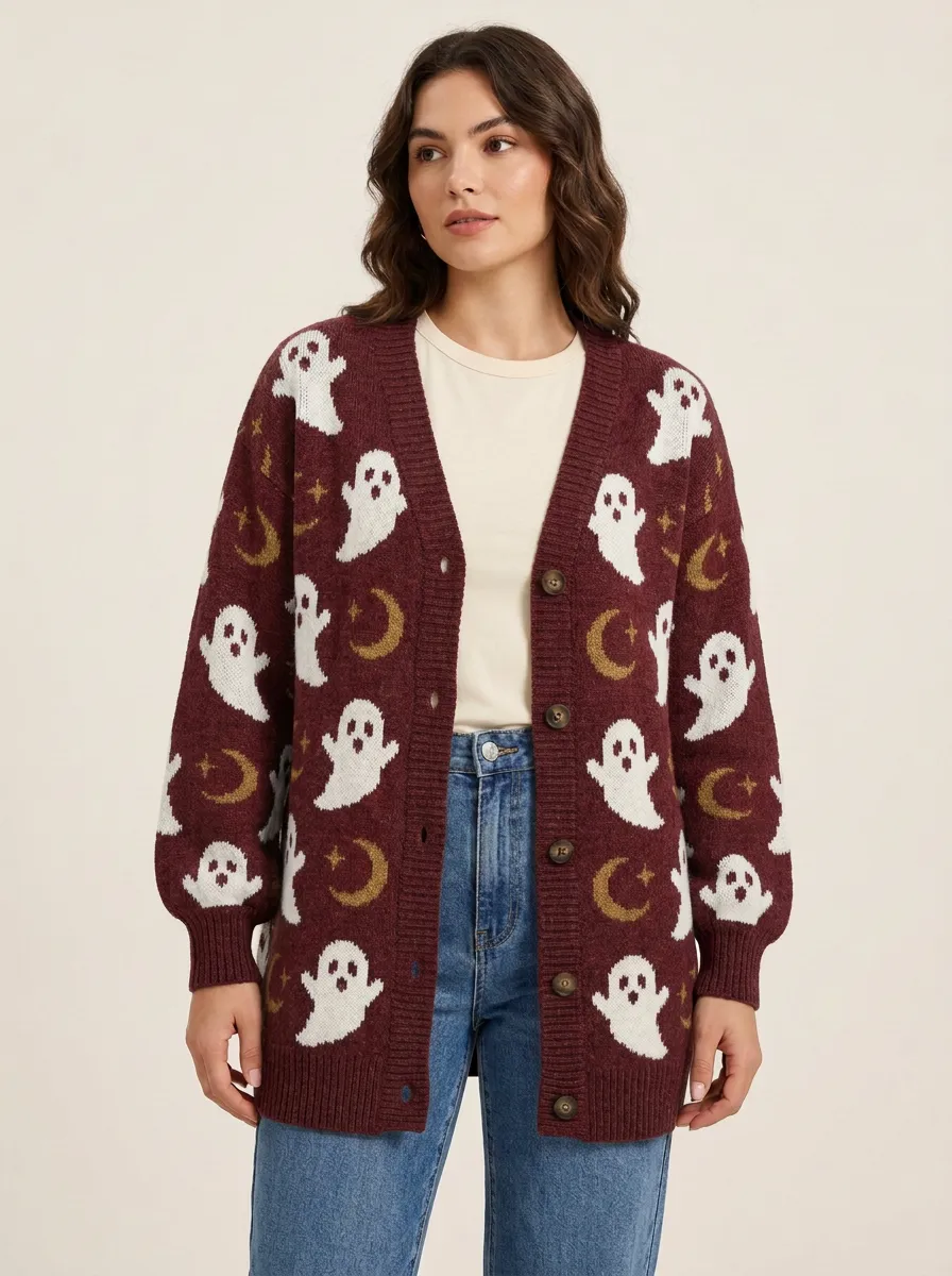 Women's Nightfall Halloween Ghost Moon Knit Cardigan