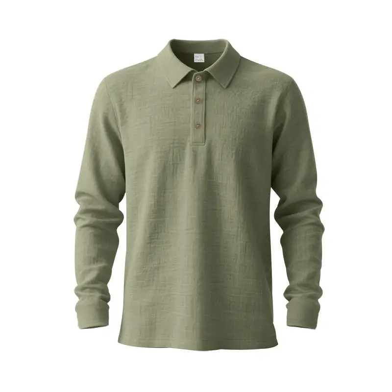 Men's Long-Sleeve Polo Shirt Cotton Gauze With A Shirt Collar Three-button Placket And Relaxed Fit