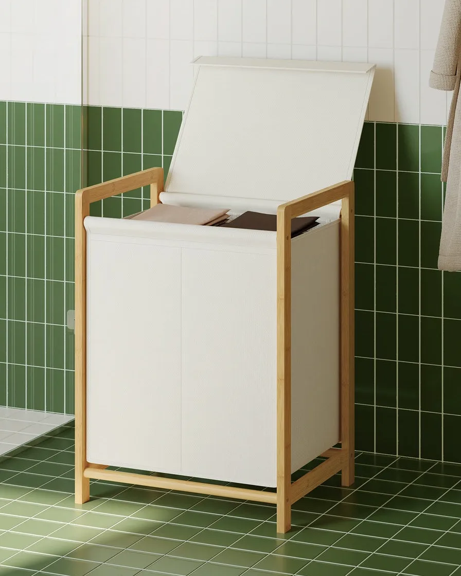 Double Compartment Divided Bamboo Laundry Storage Hamper