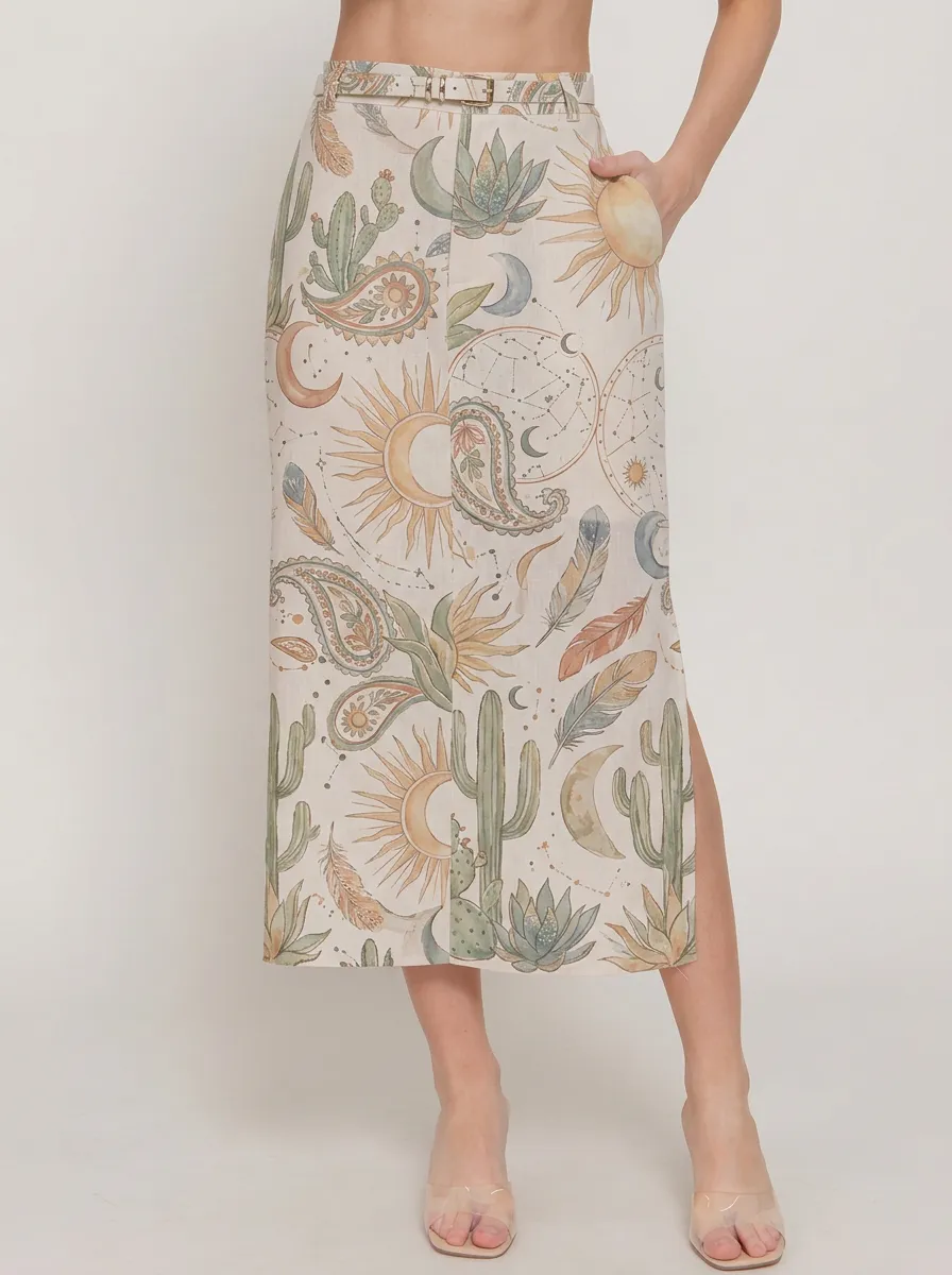 Women's Boho Celestial Cactus Paisley Printed Midi Skirt
