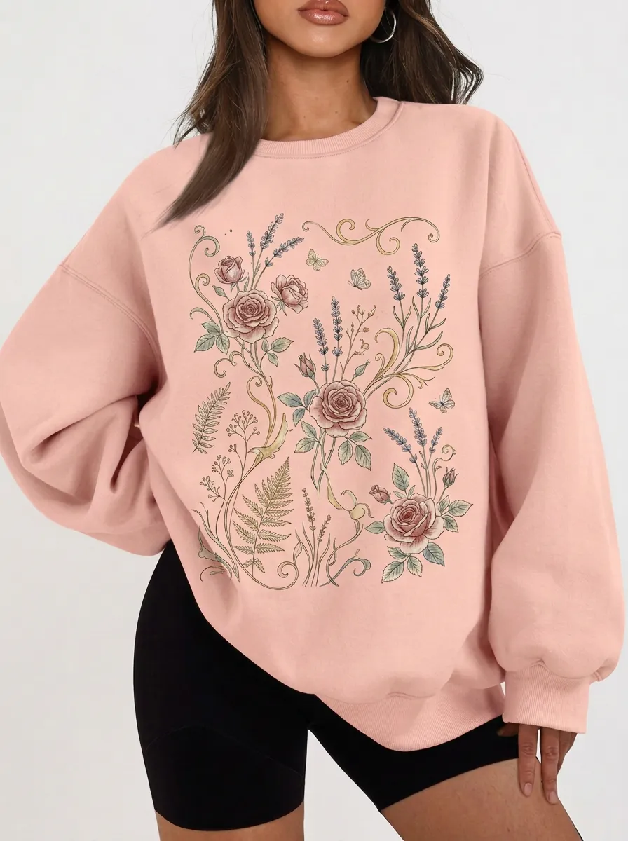 Women's Botanical Floral Butterfly Printed Sweatshirt