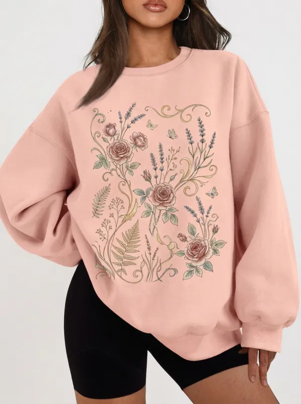 Women's Botanical Floral Butterfly Printed Sweatshirt