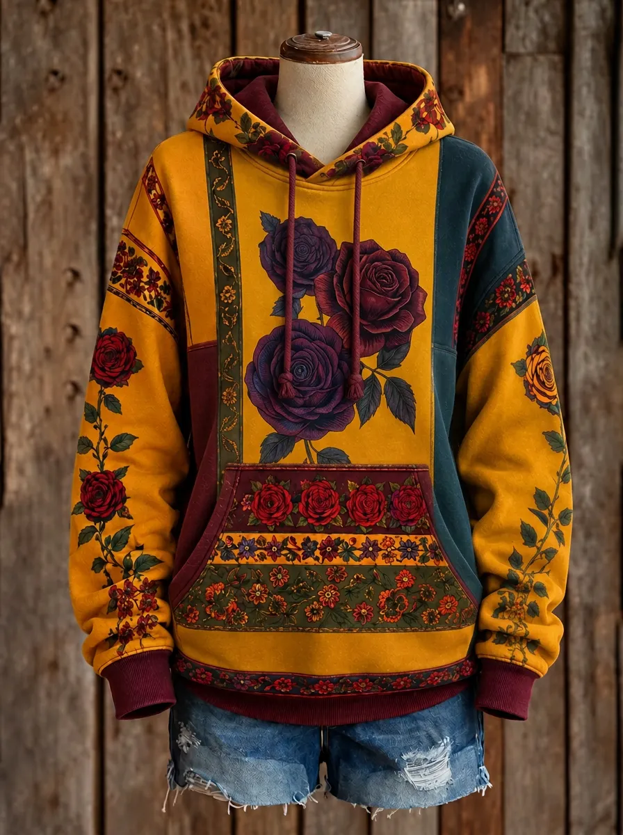 Women's Western Boho Rose Floral Patchwork Printed Hoodie