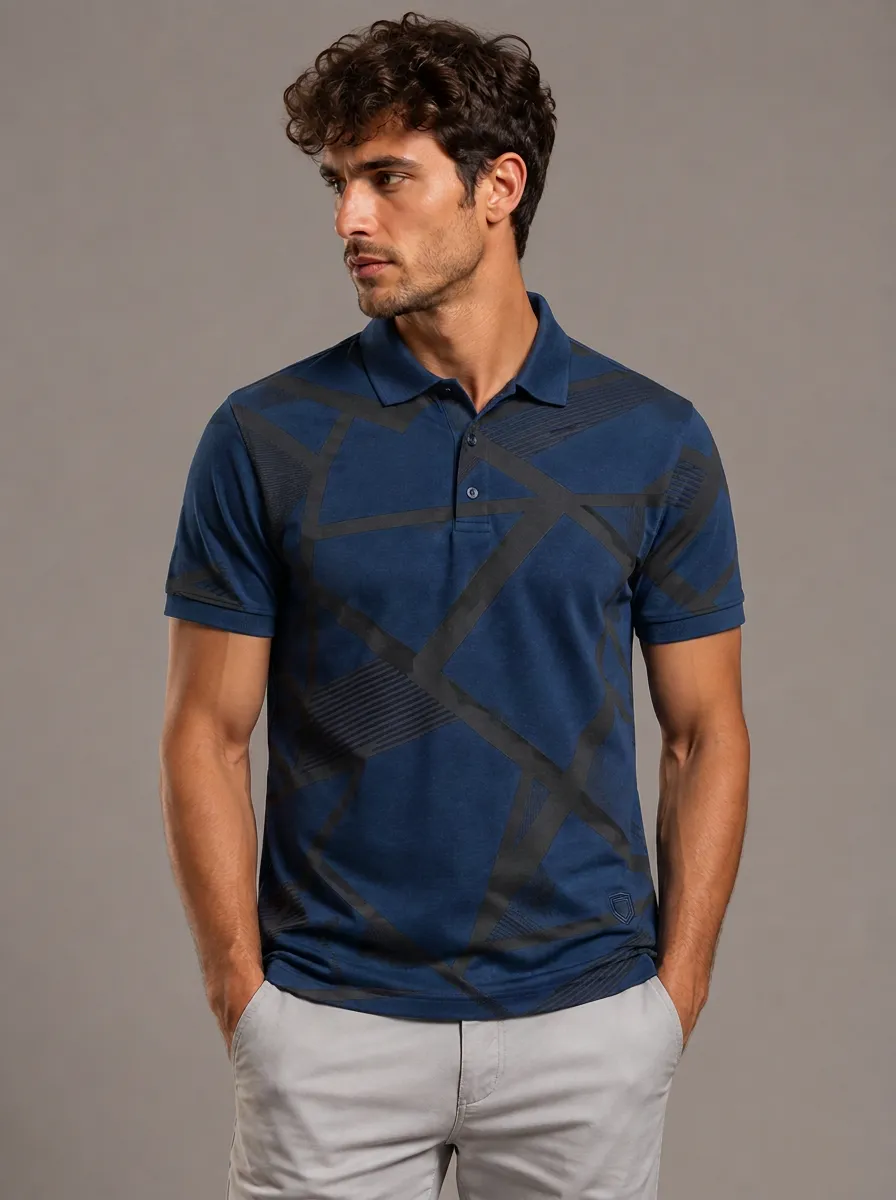 Men's Linear Emblem Detail Geometric Print Short-Sleeve Polo Shirt