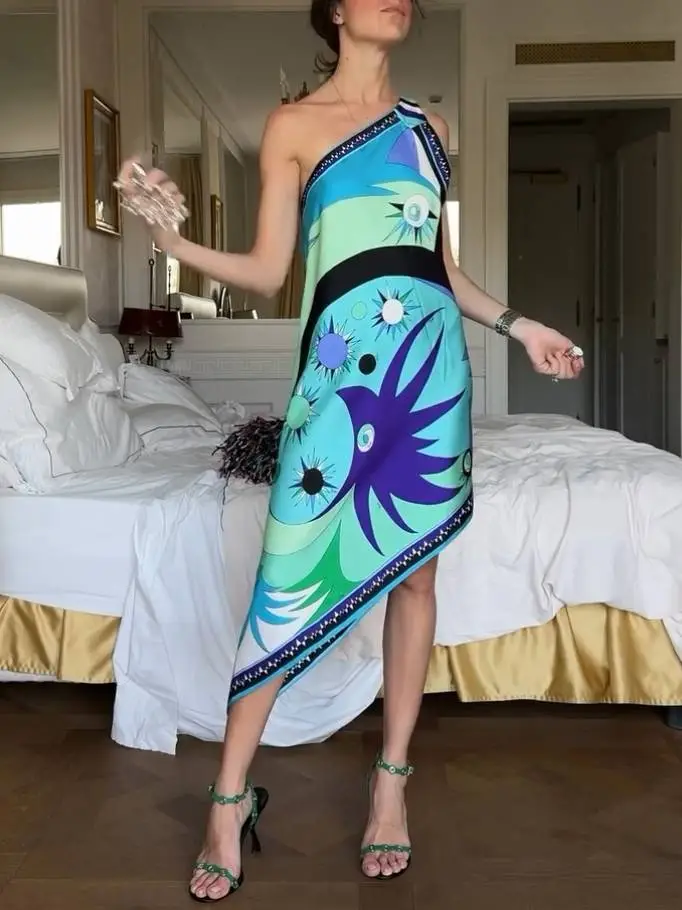 One Shoulder Irregular Print Midi Dress