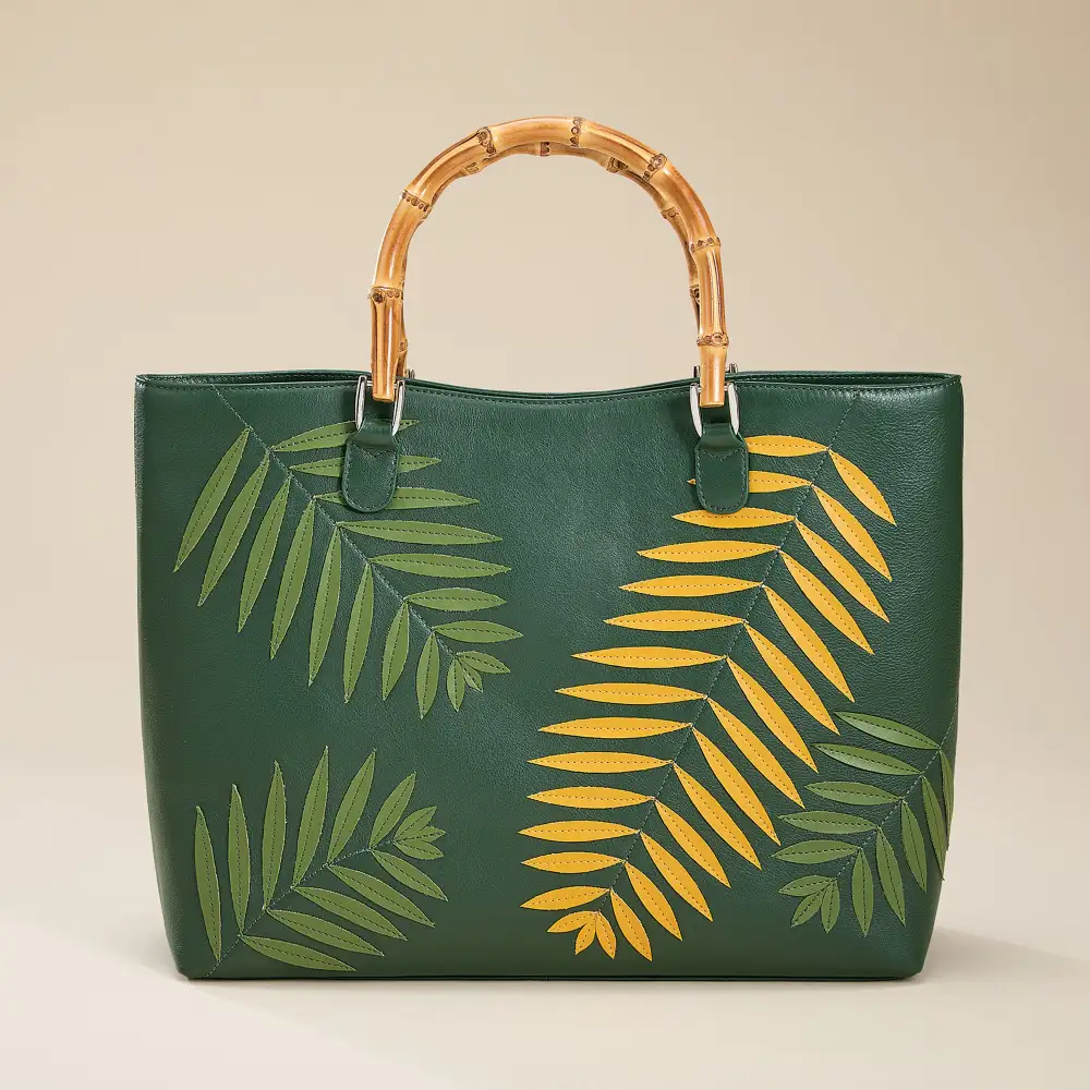 Leather Palm Leaf Motif Tote Bag