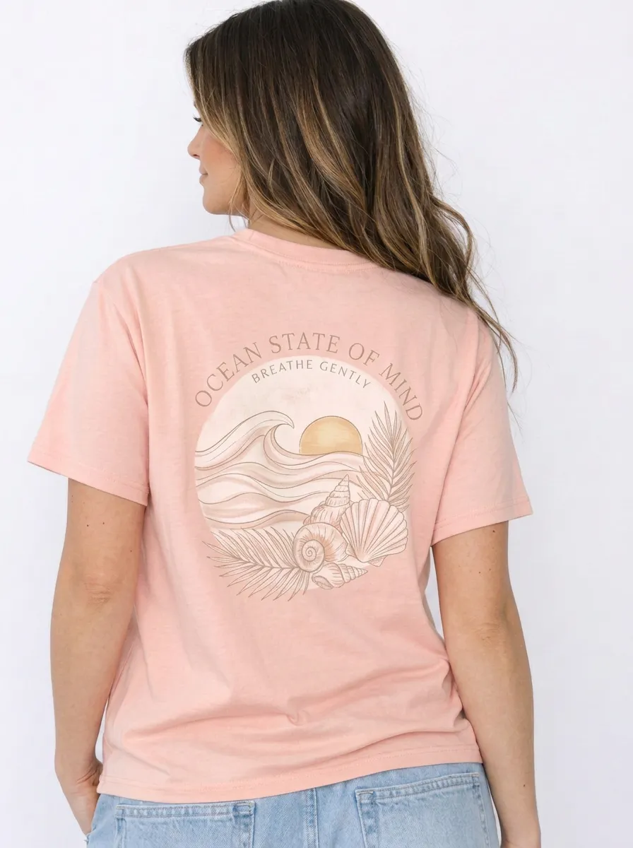 Women's Beach Lover Ocean State of Mind Seashell Sunset Printed T-shirt