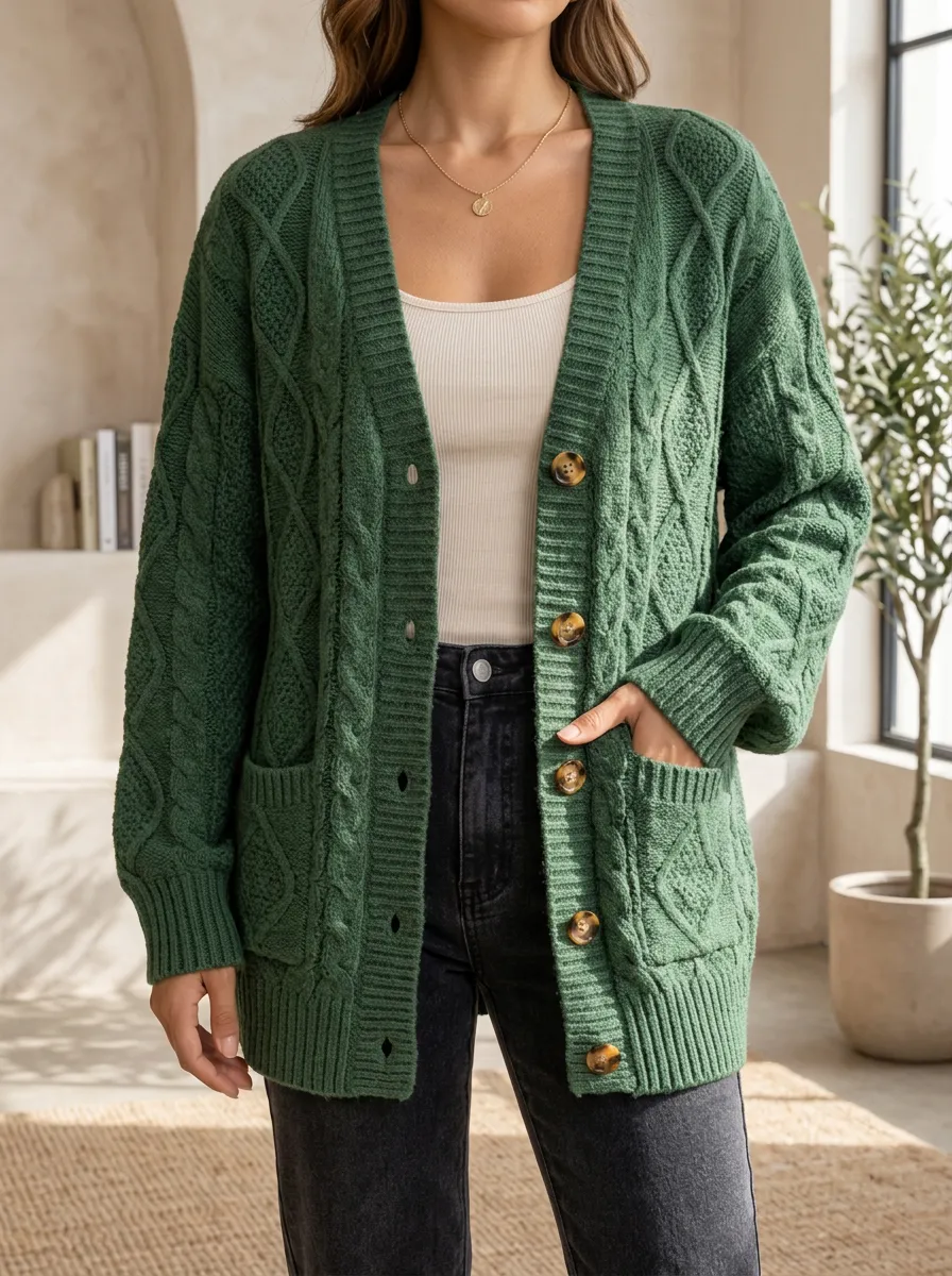 Women's Core Layered Cable Knit Button Front V Neck Cardigan