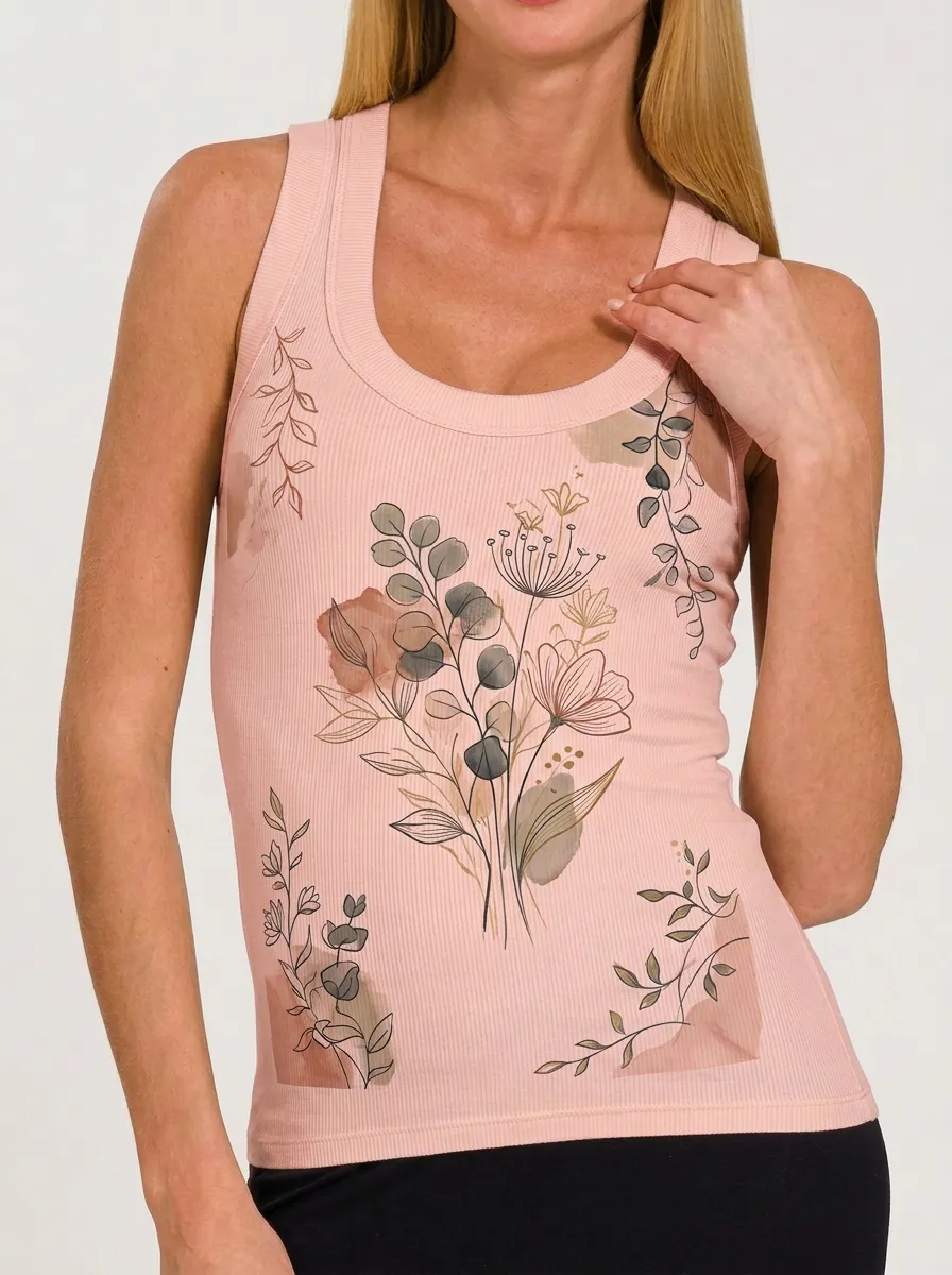 Women's Botanical Nature Lover Floral Watercolor Printed Ribbed Tank Top