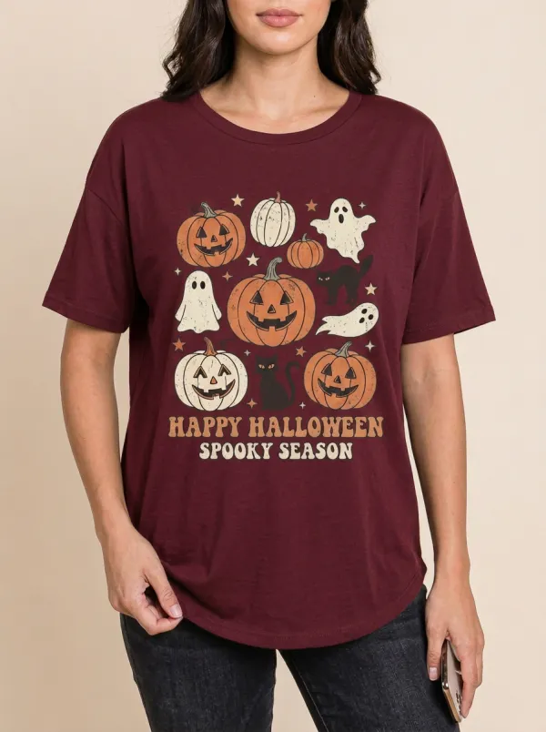 Women's Halloween Spooky Season Pumpkin Ghost Cat Printed T-shirt