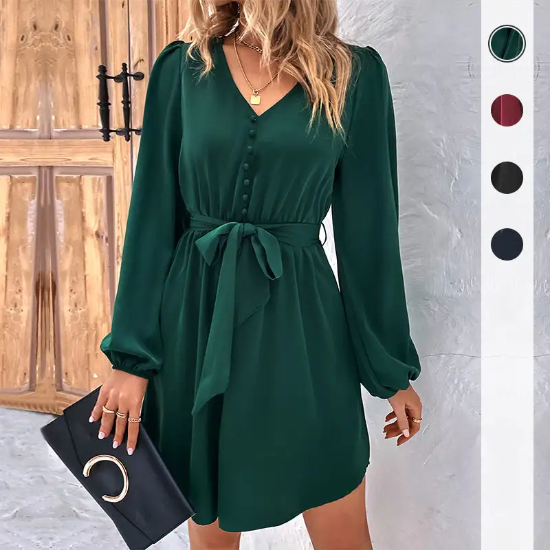 Women's Wrap V-Neck Long-Sleeve Belted Dress