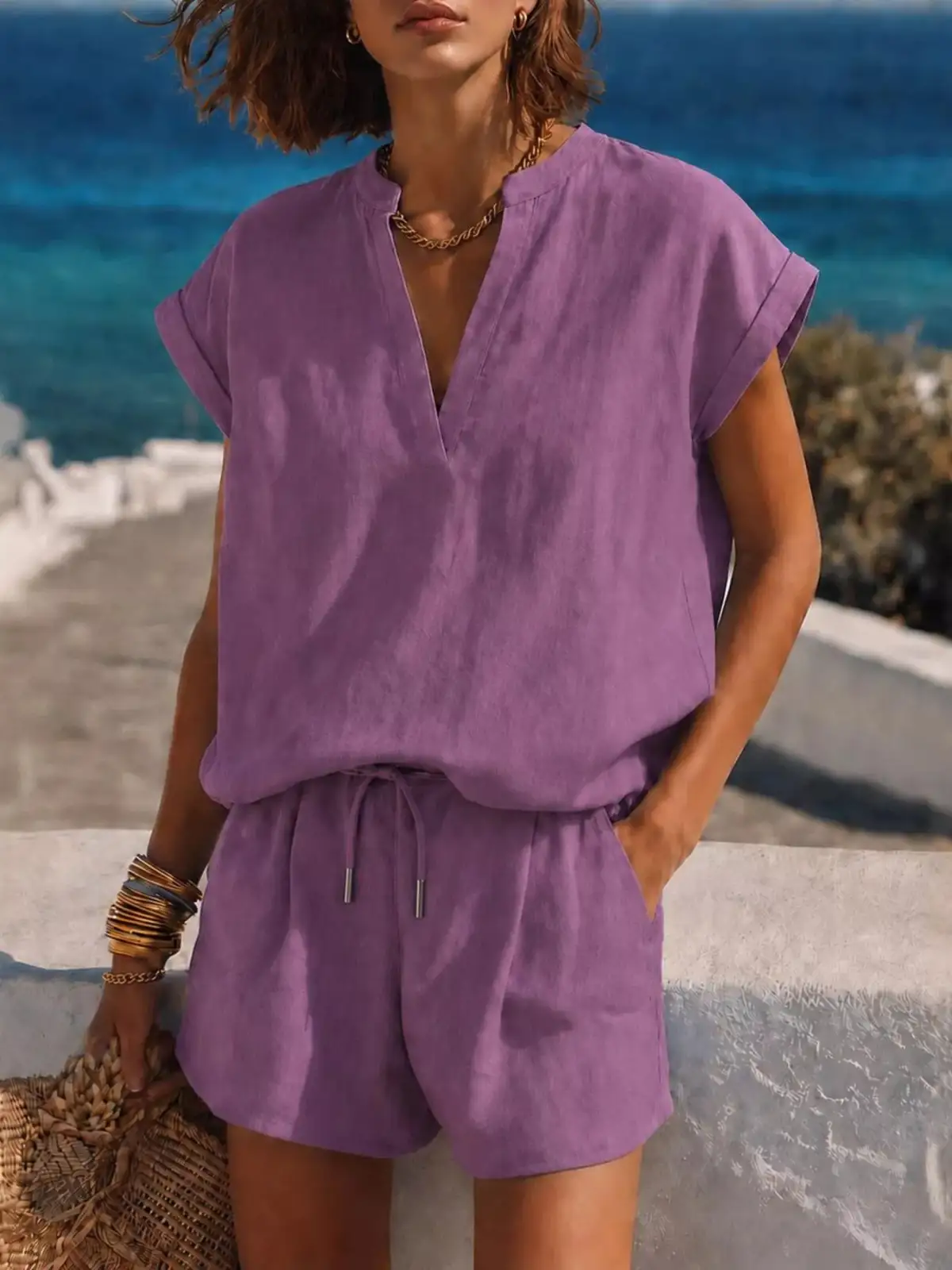 Refined Drawstring Pocketed Top and Shorts Matching Set