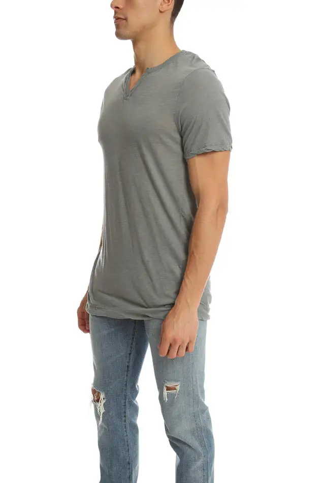 Textured V-Neck Cotton Slit-Neck T-Shirt