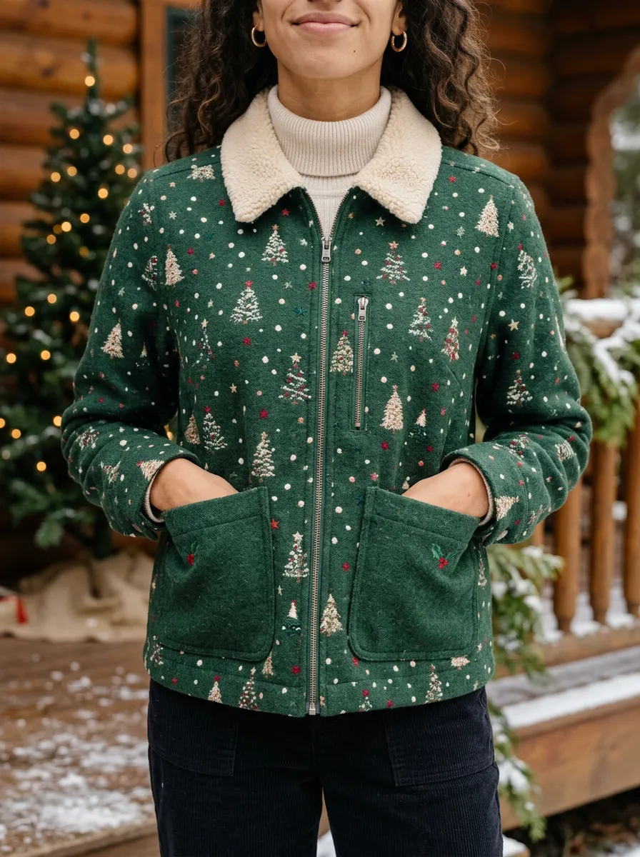 Christmas Tree Snowflakes Pattern Print Sherpa Collar Jacket