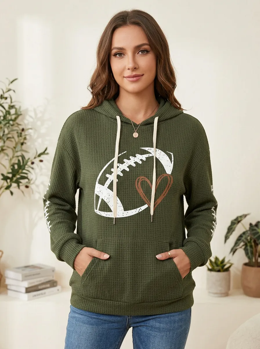 Women's Classic Distinctive Gridiron Heart Ball Love Graphic Hoodie
