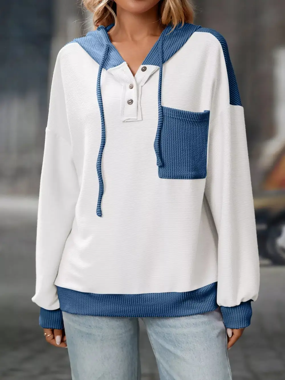 Refined Drawstring Buttoned Pocketed Colorblock Hoodie