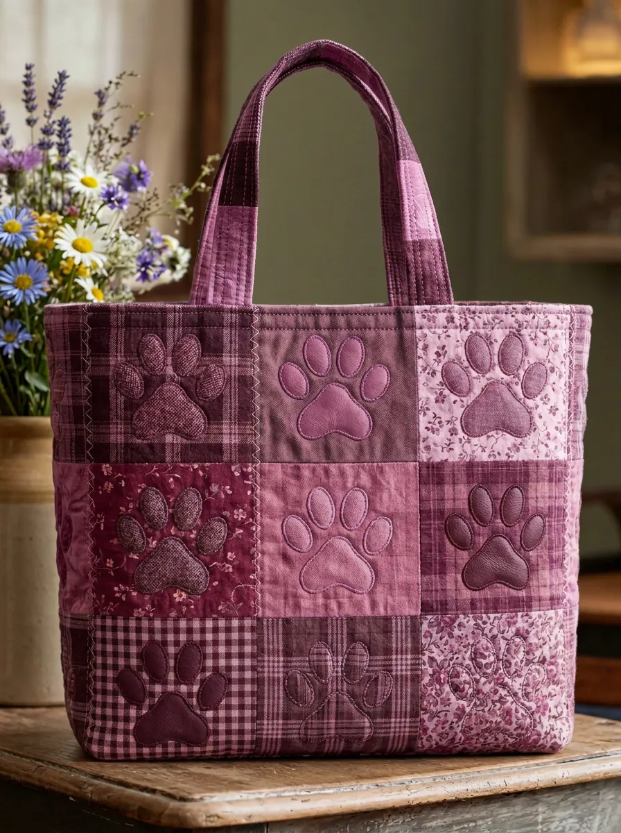 Dog Lover Patchwork Paw Print Printed Tote Bag