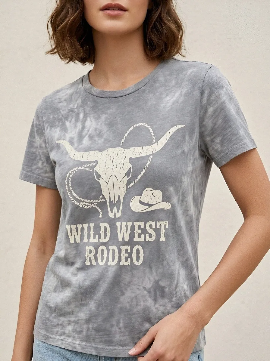 Wild West Rodeo Cow Skull Printed Tie-Dye T-shirt