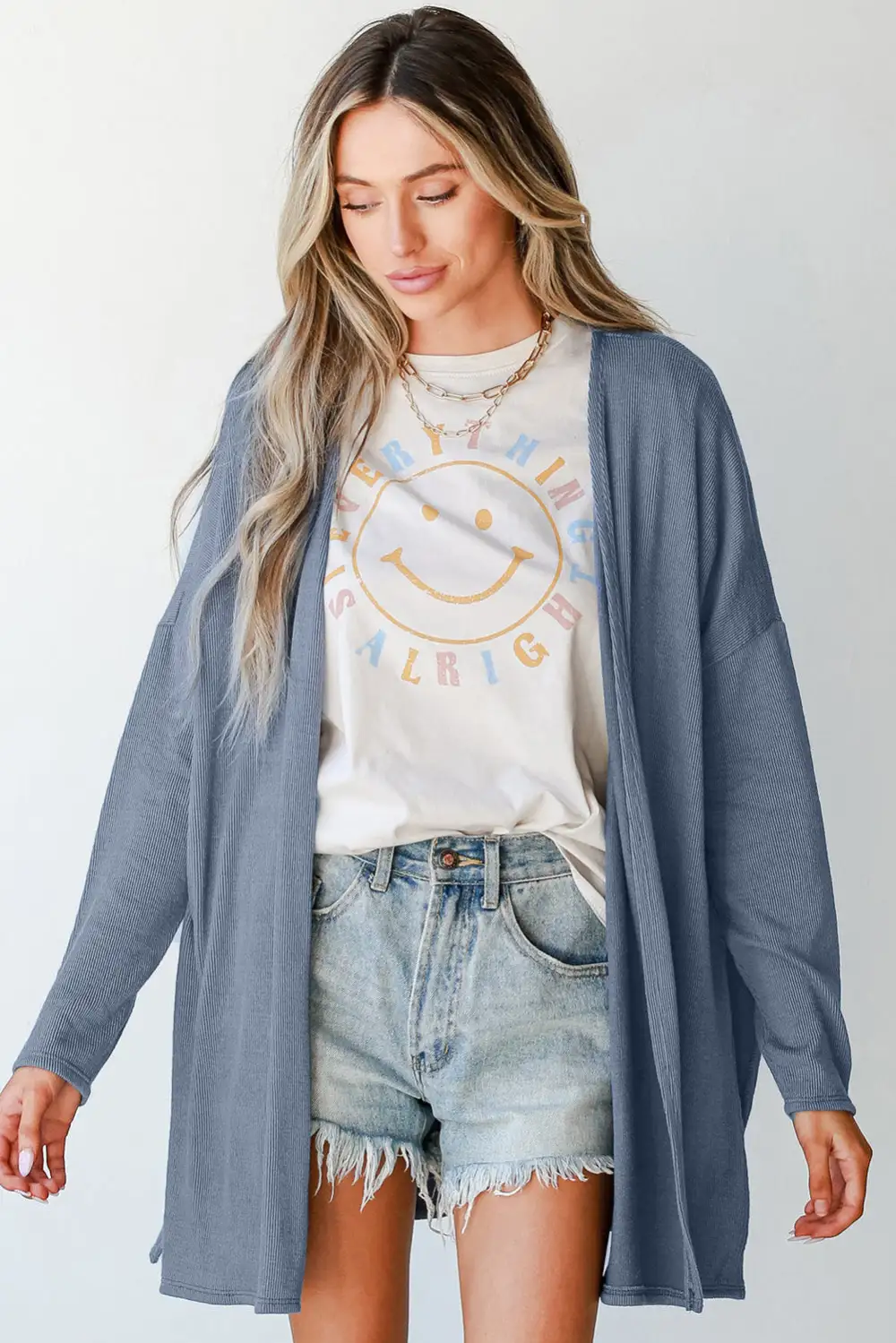Solid Rib Knit Open Front Tunic Cardigan