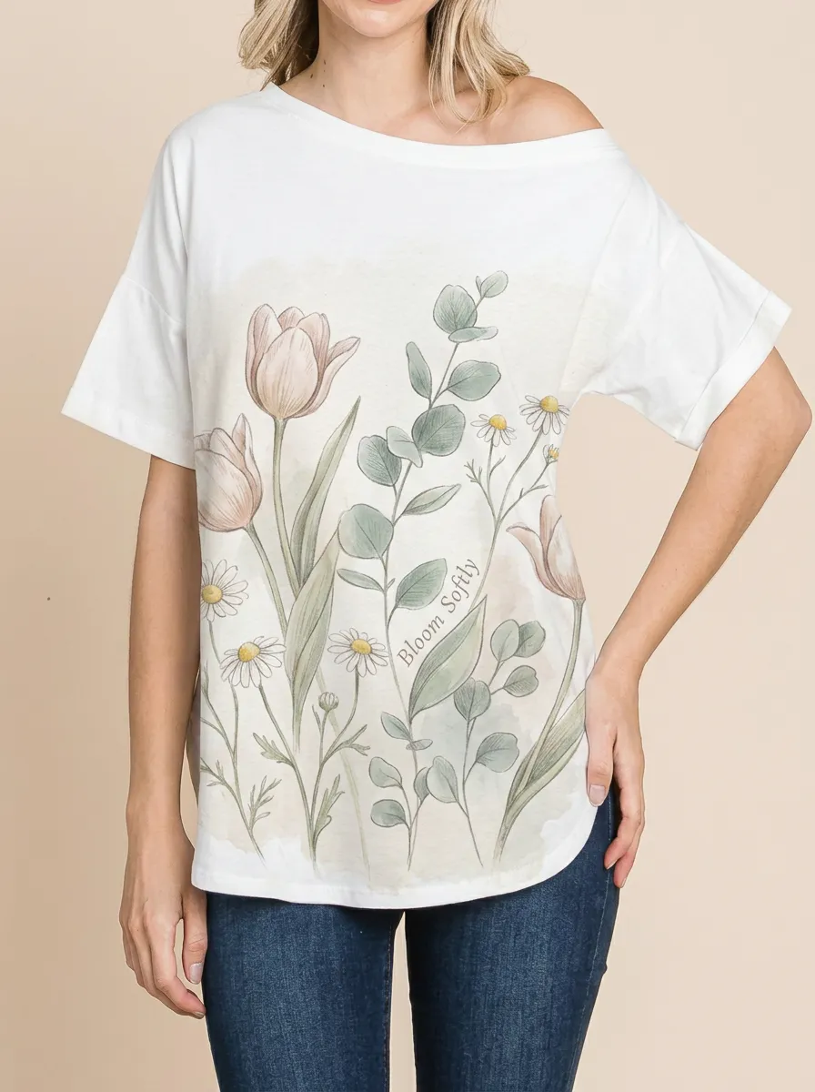 Women's Floral Lover Watercolor Tulip Daisy Printed T-shirt