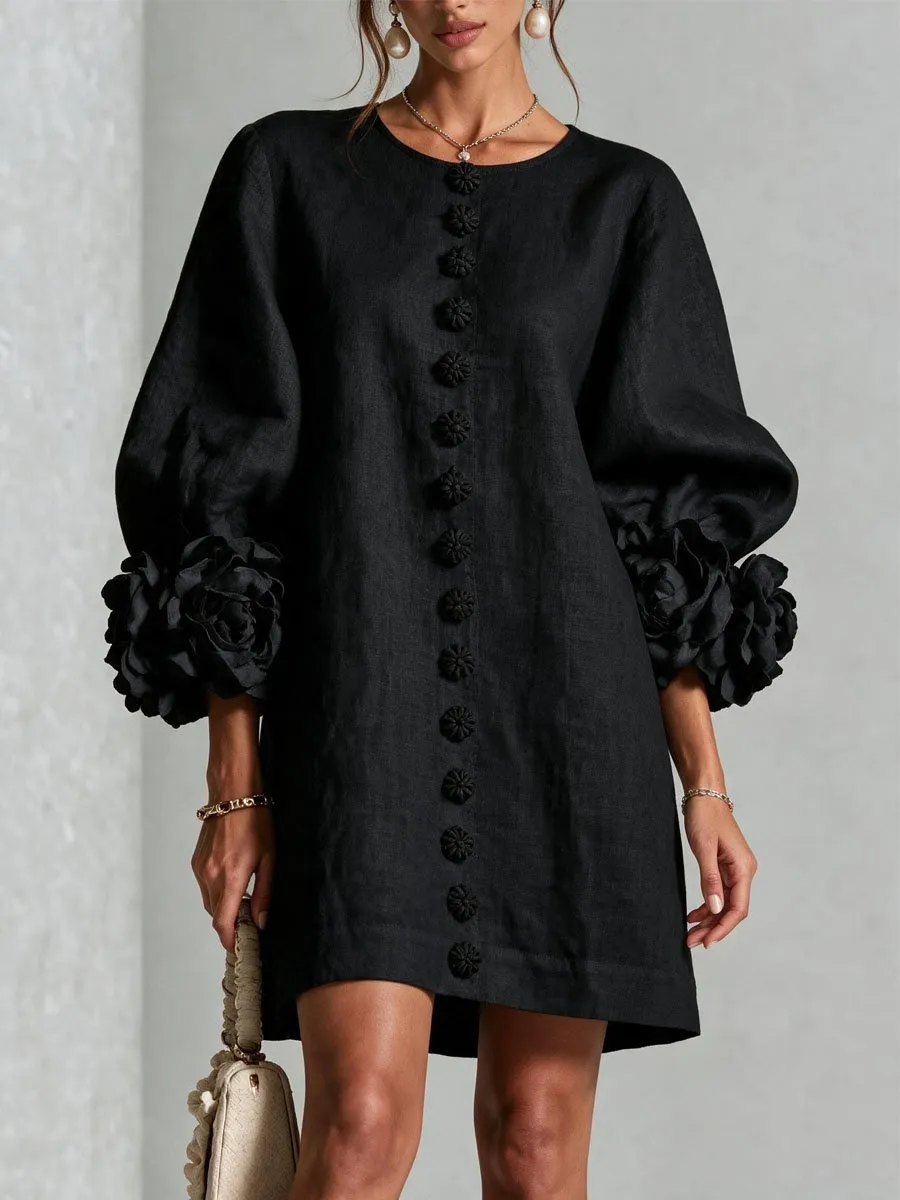 Printed 3D Floral Button-Front Mini Dress