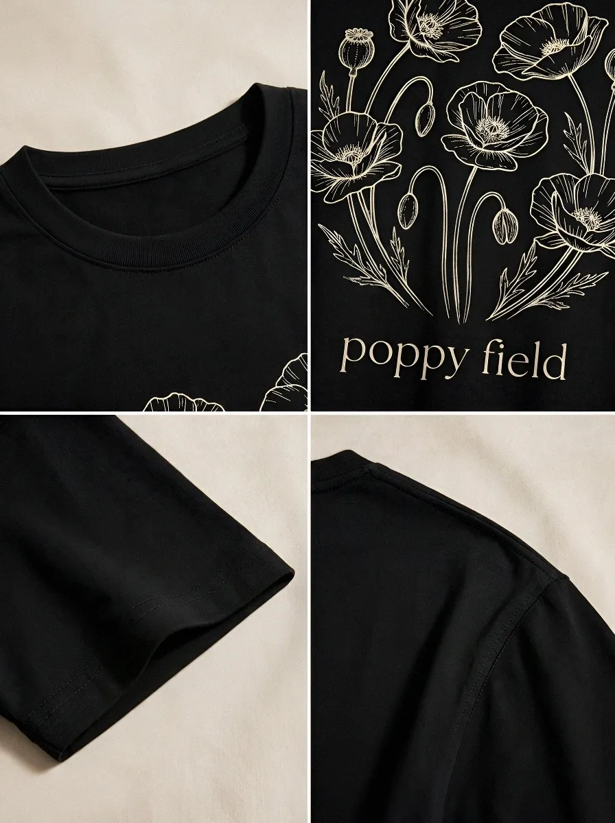 Unisex Nature Lover Poppy Field Floral Line Art Printed T-shirt