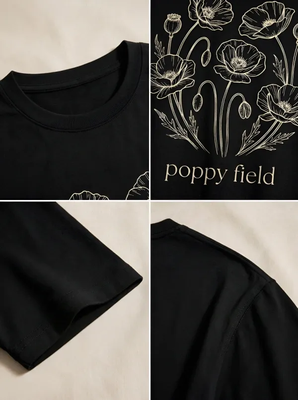 Unisex Nature Lover Poppy Field Floral Line Art Printed T-shirt