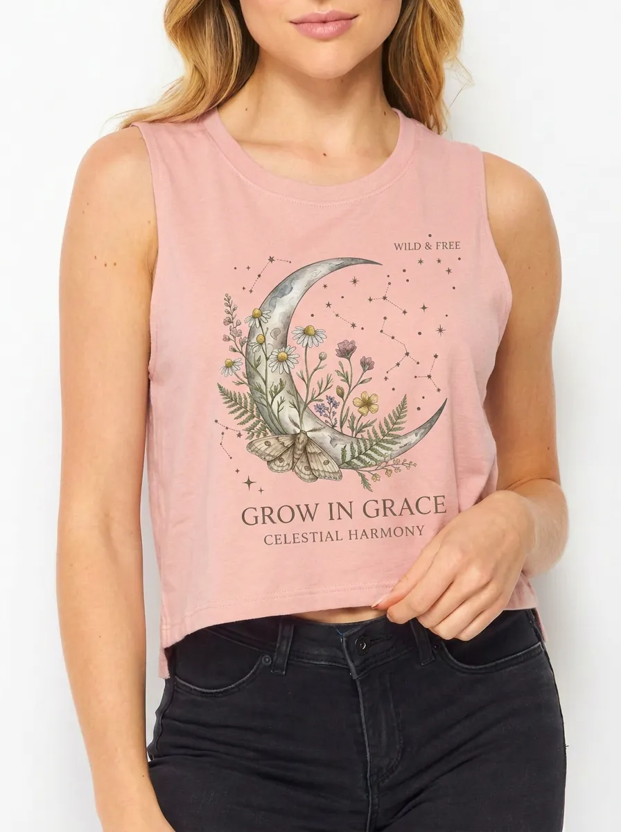 Women's Celestial Floral Moon Moth Printed Crop Tank Top