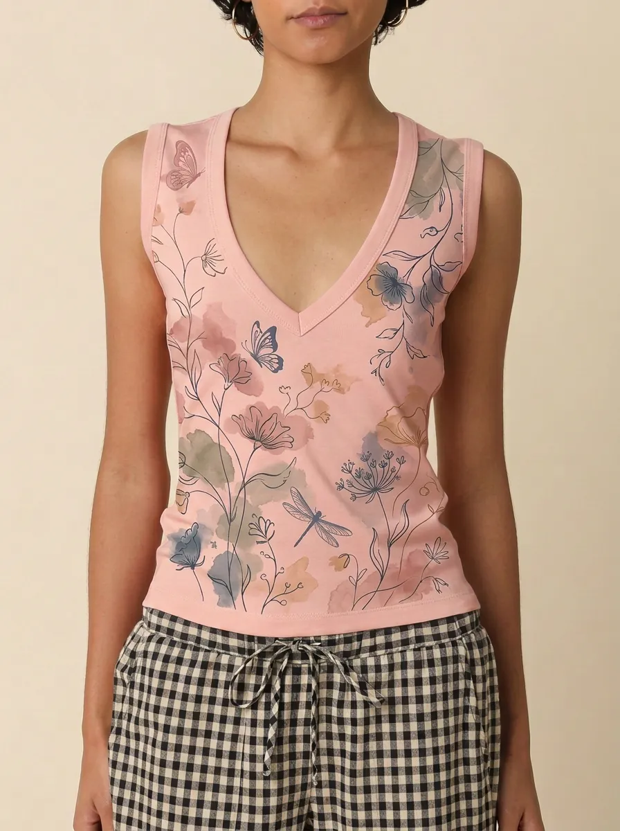Women's Nature Lover Butterfly Dragonfly Floral Printed Tank Top