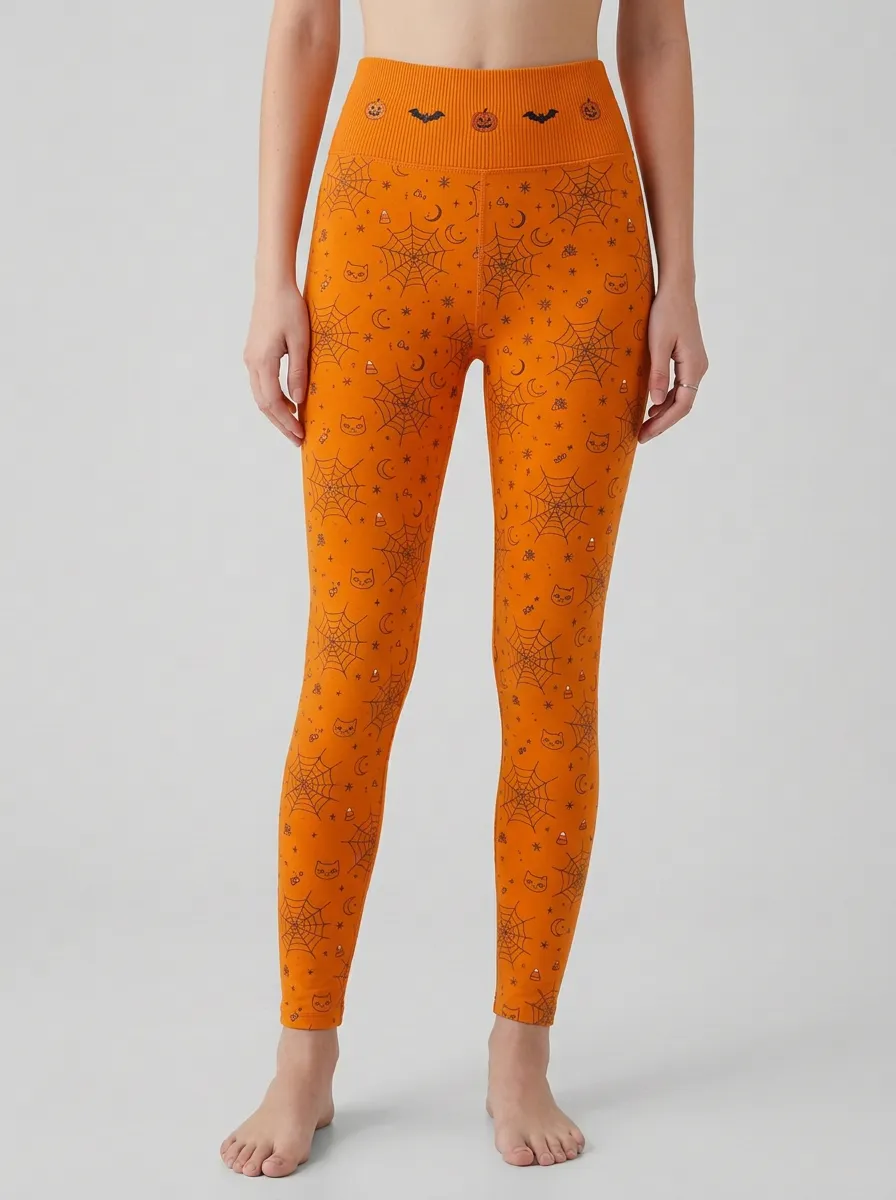 Women's Halloween Pumpkin Spiderweb Cat Leggings