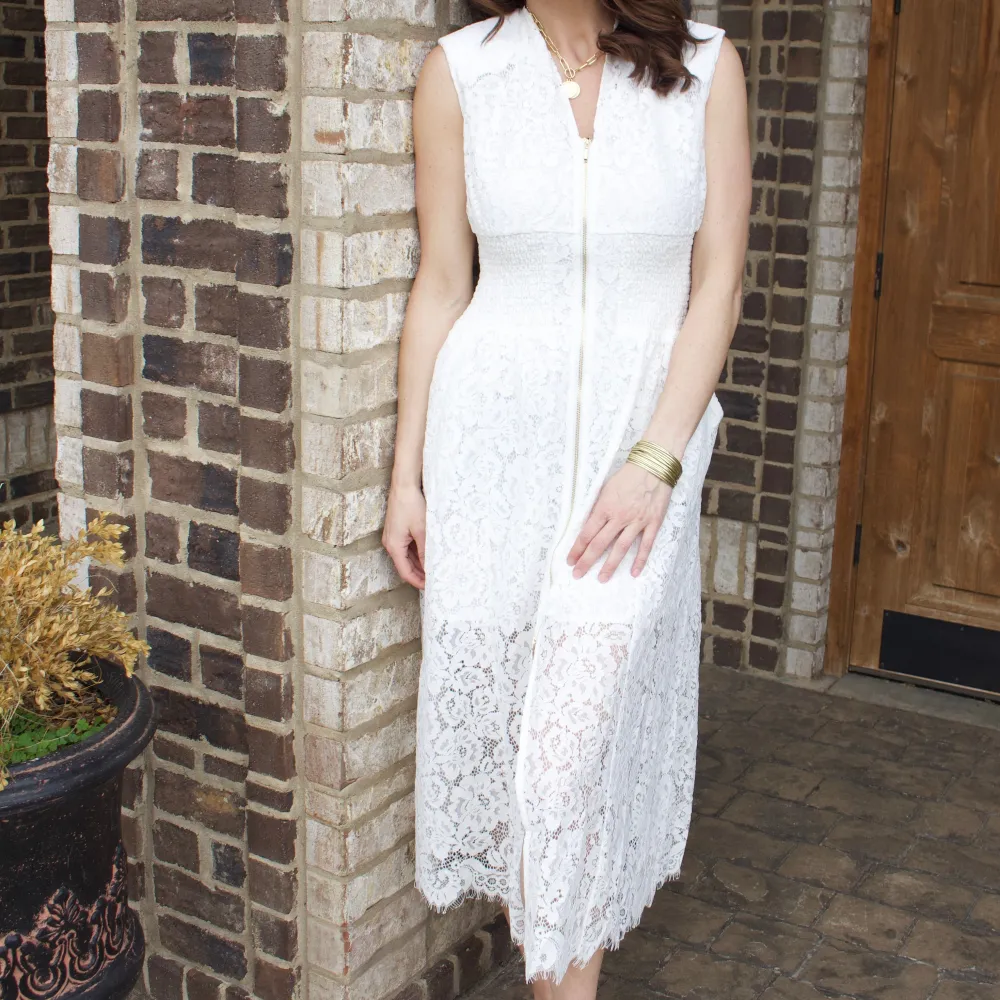 Classic Floral Lace Detail Smocked Sleeveless Dress