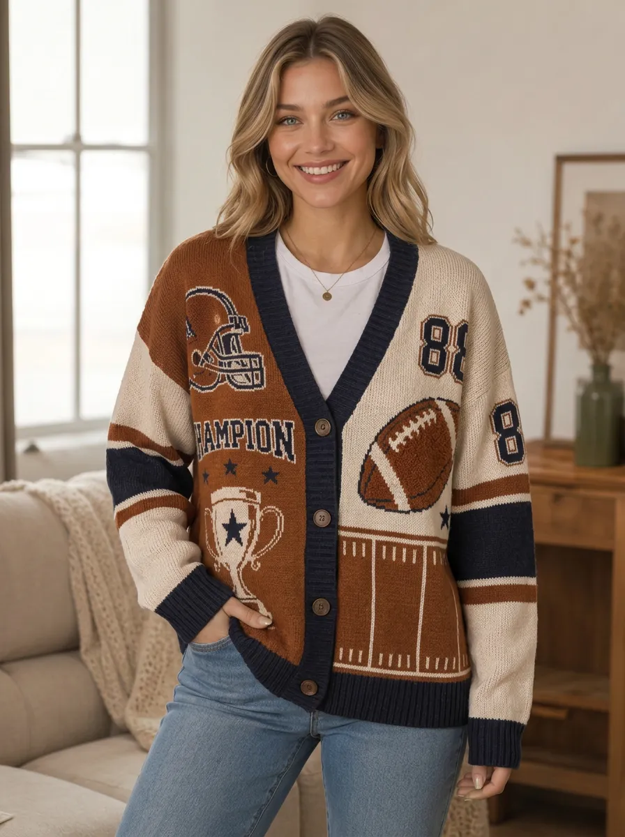 Women's Classic Casual Helmet Football Trophy Knitted Cardigan