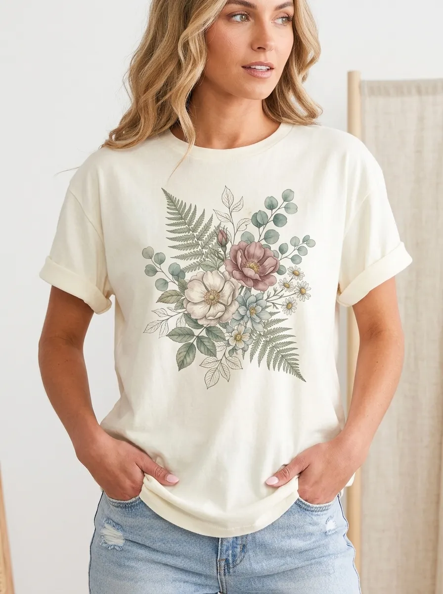 Women's Botanical Nature Lover Floral Fern Printed T-shirt