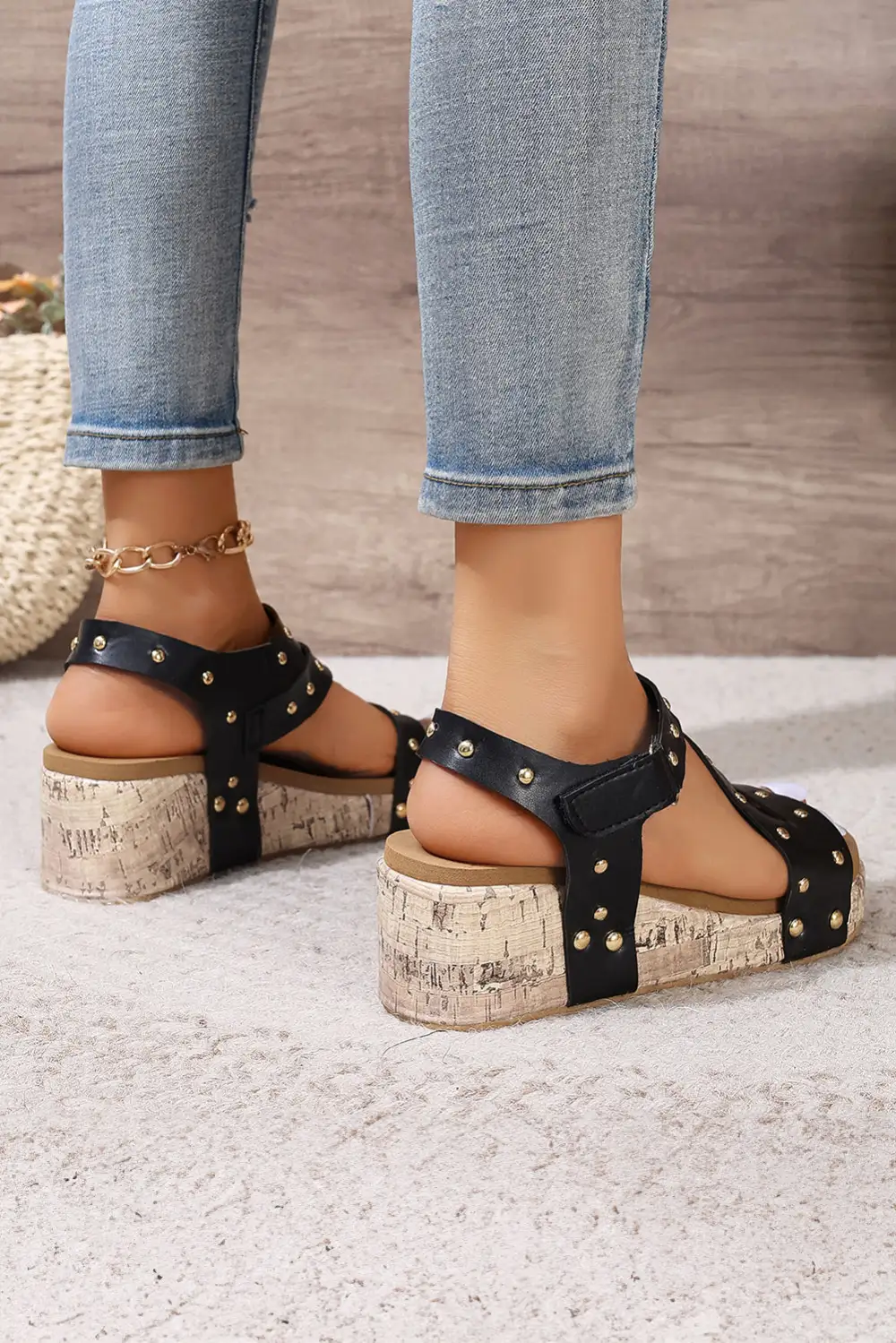 Cutout Leather Wedge Sandals
