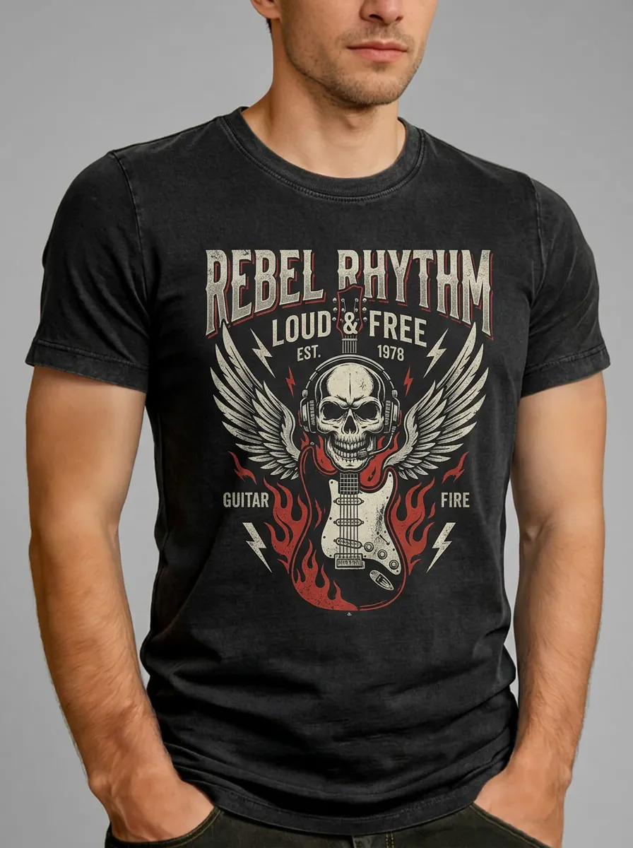 Men's Rock Music Lover Skull Guitar Wings Printed T-shirt