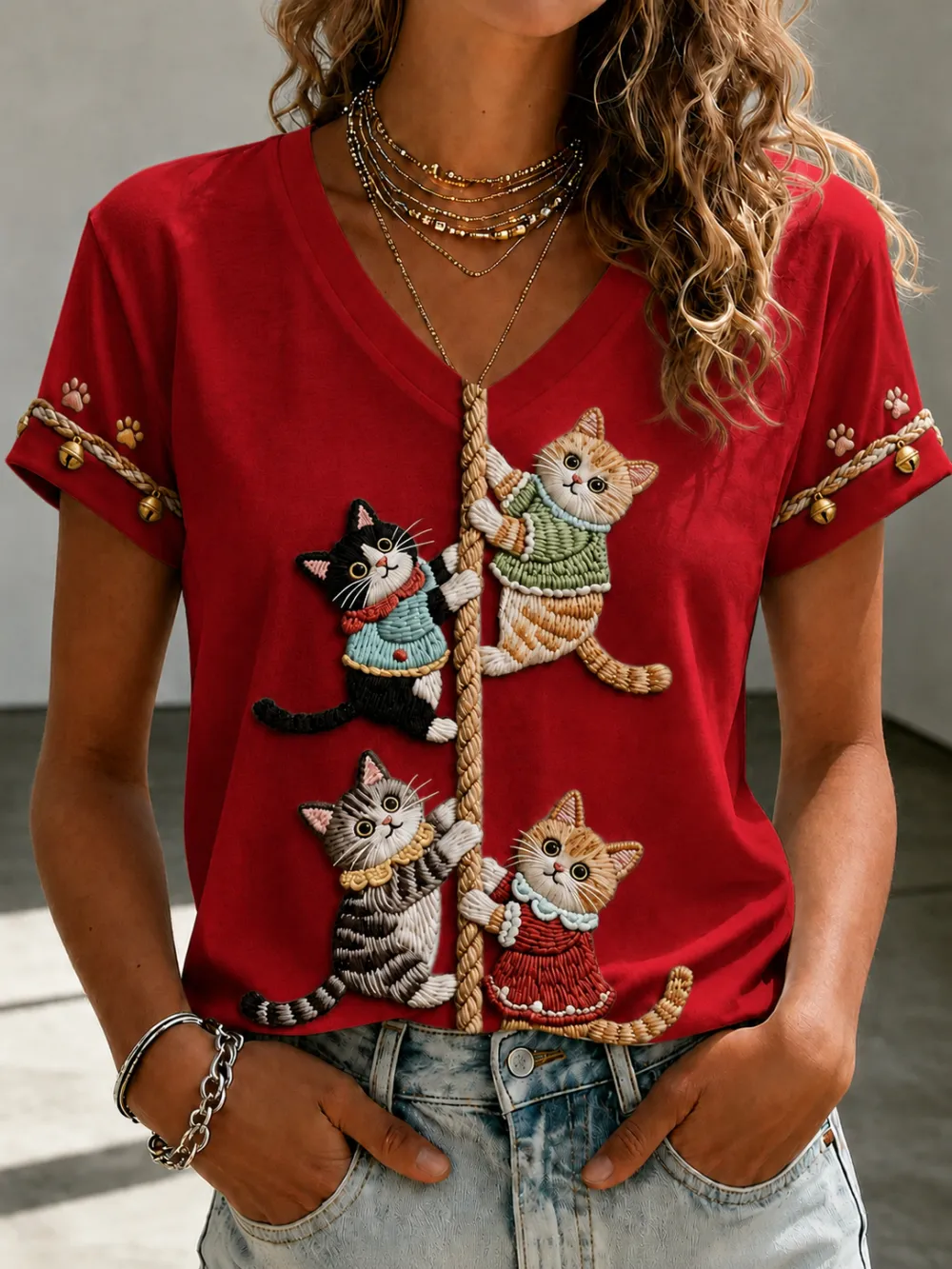 Women'S Cute Cat Printed V-Neck T-Shirt