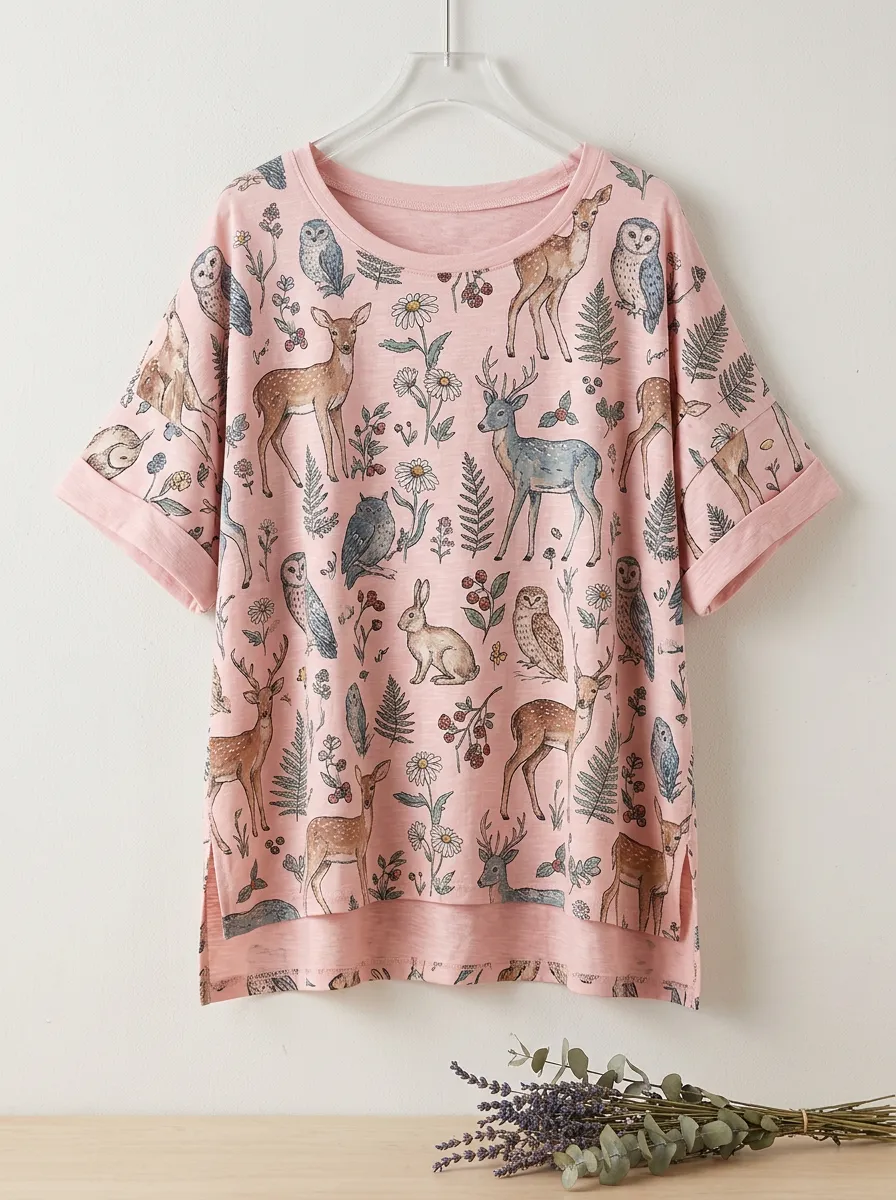 Rabbit Owl Deer Women's Loose Printed T-Shirt