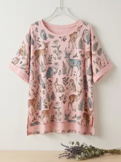 Rabbit Owl Deer Women's Loose Printed T-Shirt