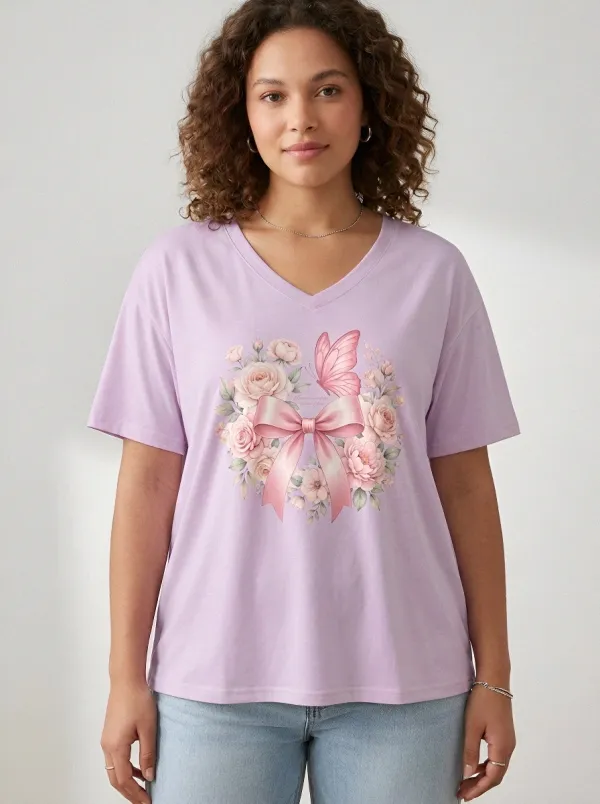 Women's Breast Cancer Awareness Pink Ribbon Butterfly Floral Printed V-neck T-shirt