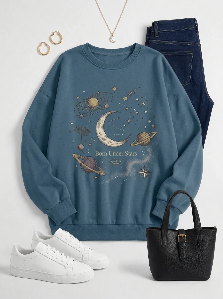 Women's Celestial Astrology Born Under Stars Printed T-shirt