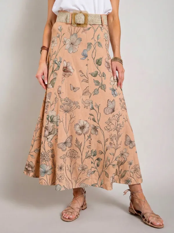 Women's Pleated Botanical Butterfly Floral Printed Midi Skirt
