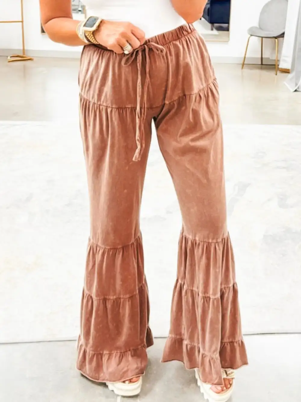 Drawstring Flare Ruffle Pants