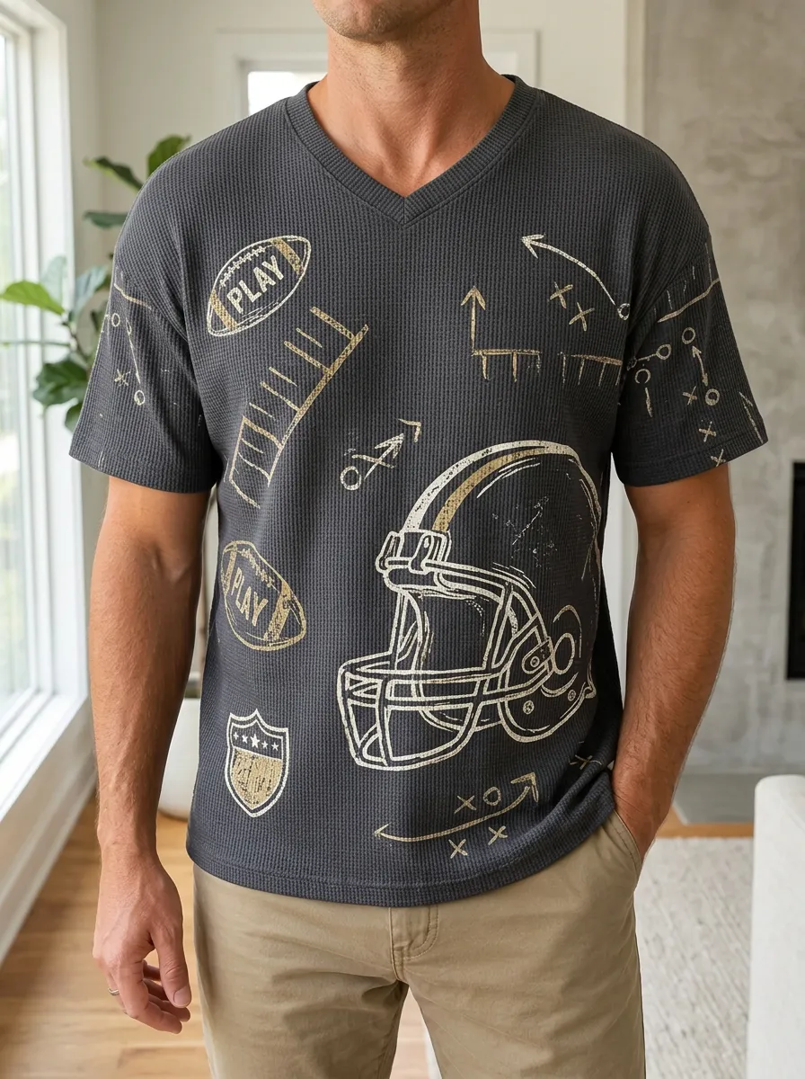 Men's Varsity Football Fan Helmet Playbook Printed Waffle Knit Top