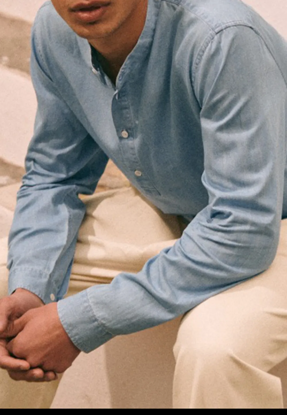 Light Blue Denim-Look Henley Style Long Sleeve Shirt